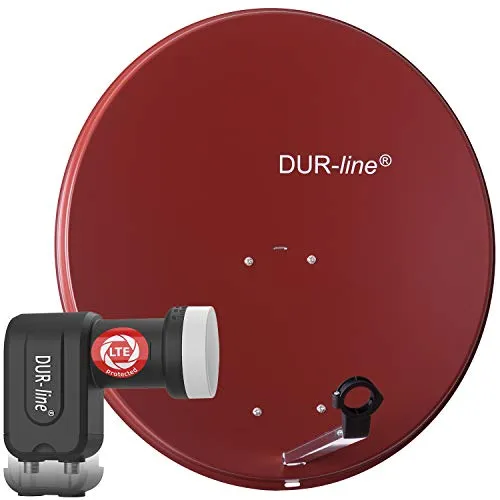 DUR-line MDA 80 Rot - Digitale Satellitenschüssel für 2 Teilnehmer - SAT-Antenne mit 80 cm Aluminium-Spiegel und Ultra Twin LNB für besten Empfang, ideal für Camping und Full HD, 4K, 3D Unterstützung.