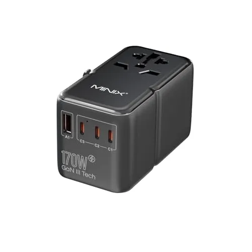 MINIX 170W Reiseadapter Weltweit,GaN III Travel Adapter with 3 USB-C & 1 USB-A Ports, International Power Adapter, AC Outlet,Compatible with US/UK/EU/AU for Laptops, Tablets, Phones, Cameras