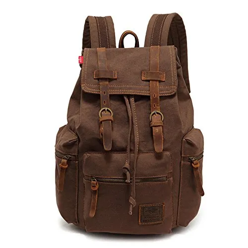 AUGUR Retro Segeltuch Rucksack, Canvas Vintage Rucksack 15-17 Zoll Laptop Daypack Schulrucksack Reisetasche Lederrucksack Wasserdicht (Large Coffee)