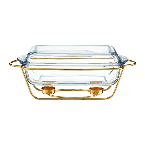 Speisewärmer Warmhalteplatte 3,9L mit Deckel und Gold-Design - Eleganter Warmhaltebehälter mit 3,9L Volumen, ideal für Partys und Catering. Hält Speisen lange warm und kombiniert stilvolles Glas mit goldenen Akzenten.