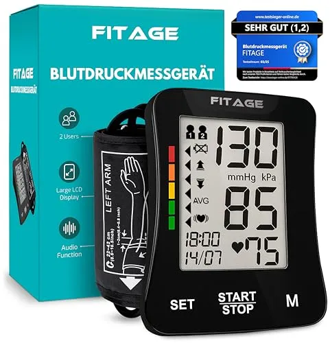 FITAGE Blutdruckmessgerät Oberarm Digital Blutdruck-Messgerät und Pulsmesser mit Speicherfunktion Manschettensitzkontrolle für Oberarmumfänge von 22-42 cm, Arrhythmie-Erkennung Blood Pressure Monitor