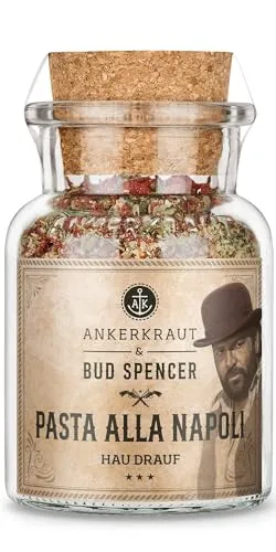 Ankerkraut Pasta alla Napoli, Bud Spencer Edition, Mischung würzender Zutaten für Pasta, mit Tomatenchips, Meersalz, Knoblauch, Basilikum, Oregano und Pfeffer, 95 g im Korkenglas