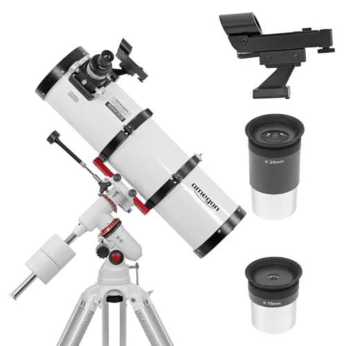 Omegon Teleskop Advanced 150/750 EQ-320 | Spiegelteleskop für Einsteiger | 2" Profi-Okularauszug, lichtstark für Sonnensystem & Deep-Sky | EQ-320 Montierung mit Alustativ | Inkl. Zubehör