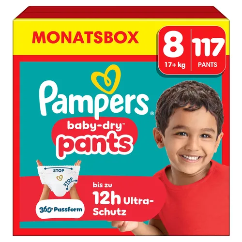 Pampers Baby-Dry Pants Größe 8, 117 Windeln - WINDELN mit 3x Schutz dank Stop & Schutz System: breitere Bündchen für optimalen Auslaufschutz und super saugfähiger Kern für sofortige Absorption. Ideal für aktive Babys!