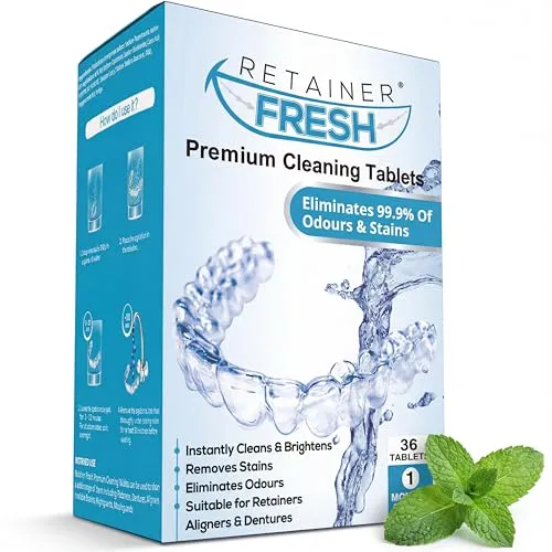 Retainer Fresh Reinigungstabletten für Zahnschienen – Effektiver Gebissreiniger - Praktische Reinigungstabletten für Zahnschienen, Prothesen und Zahnspangen. Entfernen Sie Plaque und Gerüche mühelos in nur 5–15 Minuten mit der frischen Minzformel. Hygienisch verpackt für maximale Frische.