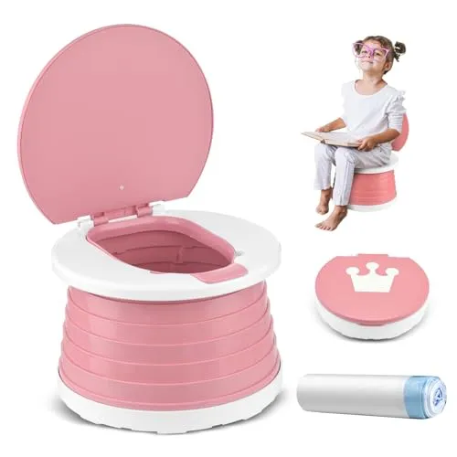 Faltbares Töpfchen für Kinder - Rosa, 3-in-1 Reisetöpfchen mit 15 Potty Liners - Praktisches Töpfchen für Kinder, ideal für unterwegs. Multifunktional als Toilettentraining, Nottoilette oder Klappstuhl, leicht zu reinigen und sicher im Gebrauch.