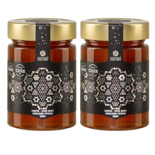 Griechischer Thymian-Koniferen Honig 2x 460g | Spezialiät aus Kreta | Smari Honey | +20ml Jassas Olivenöl