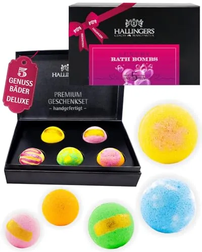 Hallingers Genuss Manufaktur Badebomben Geschenkset – 5 Badekugeln in Geschenkbox, Wellness & Spa für Frauen, aromatisches Badeset, Geschenkidee, auch zu Weihnachten, Bath Bomb Badezusatz