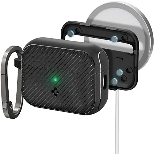 Spigen Mag Armor MagFit Hülle für AirPods Pro 2. Generation - Audio-Zubehör mit integriertem Magnet für kabelloses Laden und umfassender Stoßfestigkeit, inklusive Karabiner für optimale Portabilität.