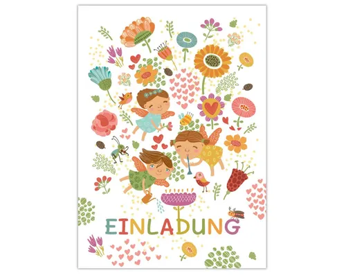 JUNAPACK Einladungskarten Fee Einladungen zum Kindergeburtstag Karten Mädchen Feen, Einladungskarten mit Feen zum Geburtstag Blumen