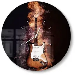 DEQORI Wanduhr 'Brennende E-Gitarre' - Moderne Wanduhr aus Glas mit 3D-Farbtiefeneffekt, ideal für Musikliebhaber und kreative Wohnräume. Maße: 50 cm x 50 cm, gefertigt in Europa.