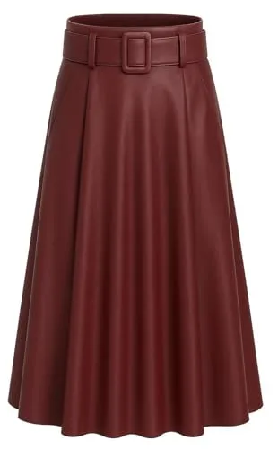 Mississhop 401 Damen A-Linien Rock mit Gürtel – Kunstleder Bordeaux - Eleganter A-Linien Rock aus Kunstleder mit Gürtel in Bordeaux. Einheitsgröße für S (34) bis L (40). Vielseitig kombinierbar, ideal für Business und Freizeit.