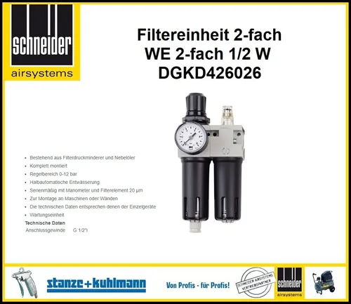 Wartungseinheit Schneider WE 2-fach 1/2 W 20 µm 0-12 bar - Trockner für effektive Druckluftaufbereitung, mit zwei Filterstufen für maximale Reinheit und zuverlässige Leistung.