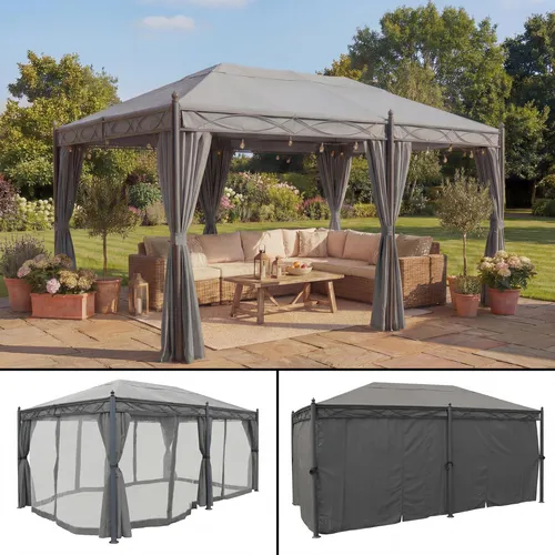 Pergola Cadiz - Stabiler Pavillon 5x3m mit UV-Schutz und Moskitonetz - Pavillon mit stabilem 7cm-Stahl-Gestell, UV50+ Schutz und seitlichem Moskitonetz für perfekten Schatten und Schutz im Garten.