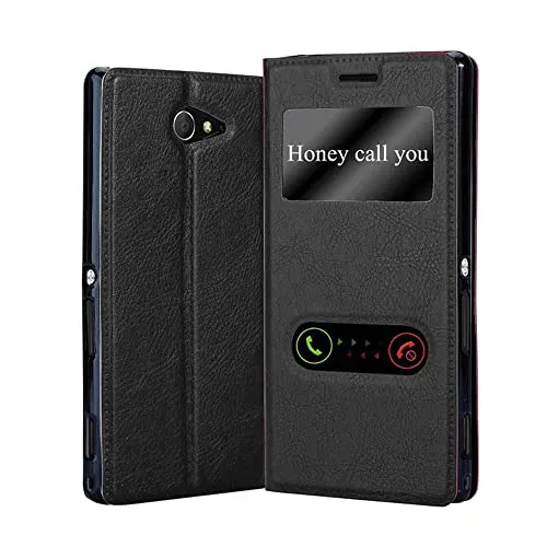 Cadorabo Hülle kompatibel mit Sony Xperia M2 / M2 Aqua in KOMETEN SCHWARZ - Schutzhülle mit Magnetverschluss, Standfunktion und 2 Sichtfenstern