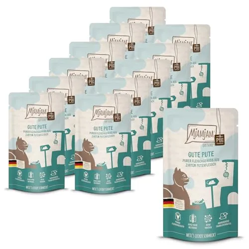 MjAMjAM Premium Nassfutter für Katzen - Gute Pute pur, 12er Pack - Getreidefreies Katzenfutter mit 71% Putenfleisch für artgerechte Ernährung. Hochwertige Zutaten aus regionalen Quellen, ohne Farb- und Konservierungsstoffe.