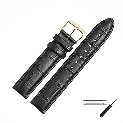 MARBURGER Uhrenarmband 20mm Leder Schwarz Gold Alligator Prägung - Ersatzarmband aus hochwertigem Rindsleder für Uhren mit 20mm Anstoßbreite. Inklusive Montage-Set für einfachen Wechsel und langlebige Qualität seit 1945. Ideal für stilvolle Uhrenliebhaber.