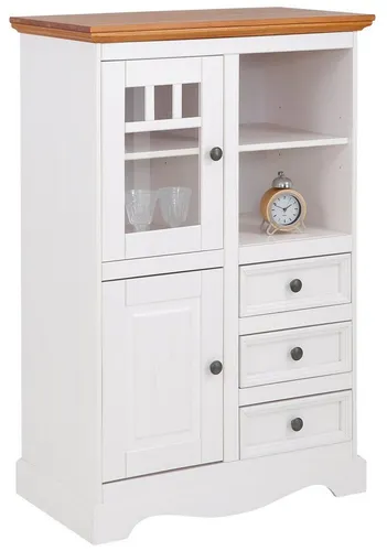 Home affaire Highboard Melissa, Vitrine, 80 cm in Weiß - Vitrine im klassischen Landhausstil aus FSC®-zertifiziertem Kiefernholz, bietet viel Stauraum mit 1 Glastür, 1 Holztür und 3 Schubladen. Ideal für stilvolle Wohnräume.
