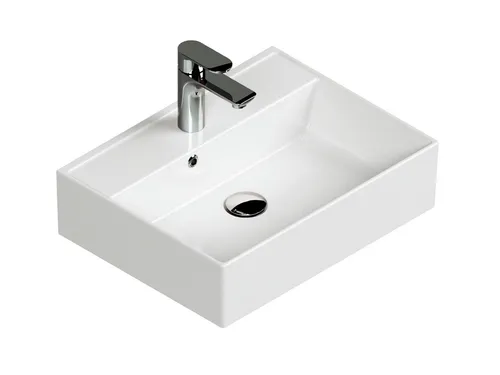 Aqua Bagno Waschbecken 50cm eckig weiß glänzend - Elegantes Wandwaschbecken der Plan-Serie, einfach zu montieren mit Standardbohrlochabstand. Ideal für moderne Badezimmer und passt perfekt zu Natursteinoberflächen.