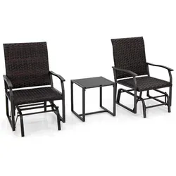 COSTWAY 3-tlg. Gartenmöbel Set mit gepolstertem Sitz - Gartenmöbel-Set aus hochwertigem PE-Rattan, inkl. 2 Schaukelstühle und Couchtisch. Ergonomische Polsterung für höchsten Komfort und sanfte Gleitbewegung - ideal für Balkon und Terrasse.