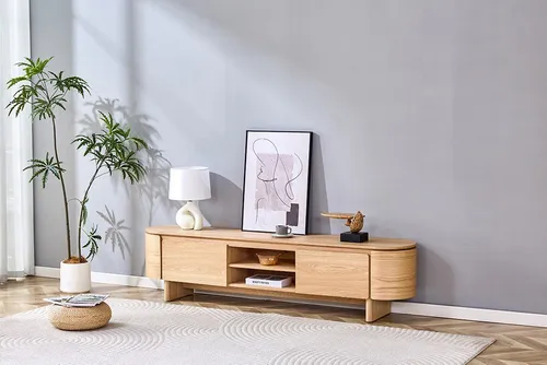 Riess-Ambiente Lowboard OAK GRAIN 200cm – Skandinavischer TV-Schrank in Natur - Elegantes Lowboard aus Eichenholz-Furnier mit 2 Schubladen und 2 offenen Fächern. Ideal für dein Wohnzimmer, bietet Platz für Unterhaltungselektronik und sorgt für ein stilvolles Ambiente.