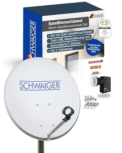 SCHWAIGER Satellitenschüssel Komplettset 55cm HD 4K - SAT-Antenne mit Twin-LNB für gleichzeitiges Fernsehen & Aufnehmen, wetterfest und langlebig mit einfacher Installation dank farbcodierter F-Stecker.