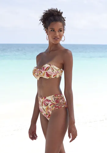 s.Oliver Highwaist-Bikini-Hose "Bauhinia" - Damen Bademode in Gr. 34, beige mit floralem Alloverprint. Komfortable High-waist-Form aus recyceltem Polyamid, ideal für umweltbewusste Fashionistas.