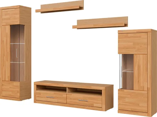 OTTO home Wohnwand Ribe Set-5 St., mit Glaseinsatz - Die OTTO HOME Wohnwand »Ribe« im 5-teiligen Set vereint stilvolles Design aus Eichenholz und Melamin. Dunkle Glastüren und versetzbare Böden bieten praktische Lösungen für dein Wohnzimmer. Ideal für Bücher, Medien und Deko.