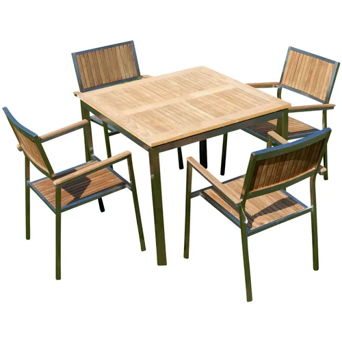 GASTRO Gartengarnitur Edelstahl Teak Tisch 90x90 cm mit 4 stapelbaren Stühlen - Stilvolle Gartenmöbelgarnitur für bis zu 4 Personen. Der robuste Teaktisch und die praktischen, stapelbaren Stühle bieten Komfort und platzsparende Aufbewahrung.