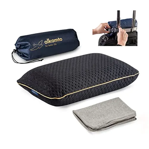 alkamto Reisekissen – Memory Foam Campingkissen – Kompakt & Leicht – Atmungsaktiver Bezug – Extra Baumwollbezug – Inklusive Reisetasche – 40 x 25 x 10 cm