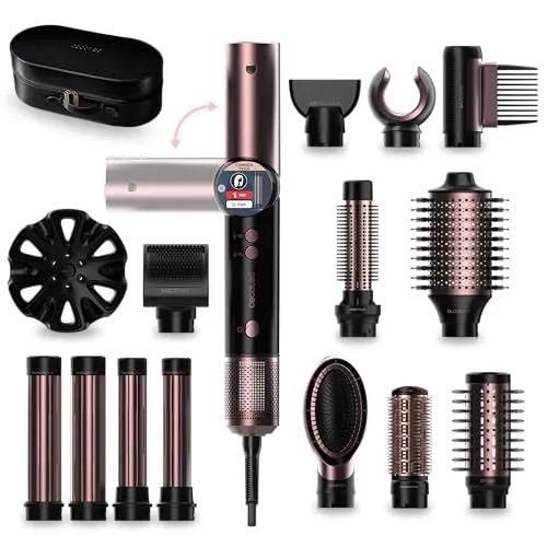 Cecotec Haarstyler AirGlam 14 in 1 Flex 1400W - Silber - Vielseitiger Haarstyler mit 14 Aufsätzen für kreative Styles. Ergonomisches Design und digitales Display bieten optimale Kontrolle und Komfort beim Stylen. Ideal für individuelles Haarstyling und glänzende Ergebnisse.