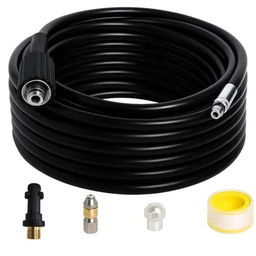 Poweka Rohrreinigungsschlauch 20m,180bar,60°C,kompatibel mit Kärcher K2, K3, K4, K5, K6, K7 Hochdruckreiniger, inkl.Adapter, Düsen starr + rotierend