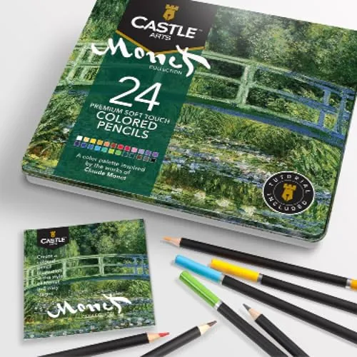 Castle Arts – 24 themenorientierte Buntstifte in einer Metallkiste, für Kunstwerke à la Monet. Hochwertige, weiche Spitzen – ideal zum Vermischen & Schaffen von Dimension für zauberhafte Ergebnisse