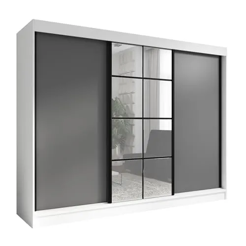 A&J MöbelLand Schwebetürenschrank ORAVELLE - Schwebetürenschrank mit Spiegel und 4 Schubladen, ideal für elegantes und funktionales Wohnen. Geräumig mit 200 cm Breite, bietet er viel Stauraum für Kleidung und Accessoires.