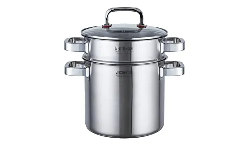 Meisterkoch Edelstahl Kochtopf groß. 20 cm Durchmesser, 5 Liter Volumen, 3-teilig, Induktion Topf | Pastatopf mit herausnehmbarem Siebeinsatz und Glasdeckel | spülmaschinengeeignet