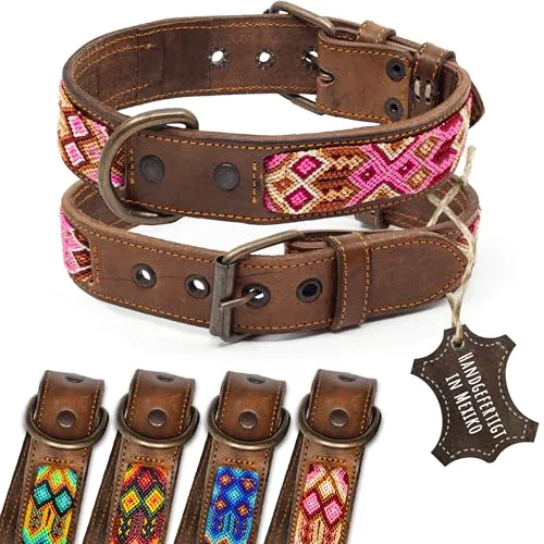 ALTEZAR Pinkes Hundehalsband aus Leder - Handgemacht in Mexiko, Größe M - Weiteres Autozubehör: Handgefertigtes Echtleder-Hundehalsband mit einzigartigem Maya-Tribal-Muster, bietet hohen Tragekomfort und ist besonders strapazierfähig.
