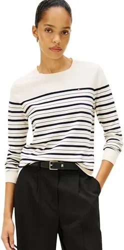 Tommy Hilfiger Damen CO Jersey FINE GG LS C-NK SWT Pullover in Schwarz - Stylischer Pullover aus hochwertiger gekämmter Baumwolle mit Rundhalsausschnitt und Rippstrickkragen. Perfekt für einen eleganten Look im Alltag.