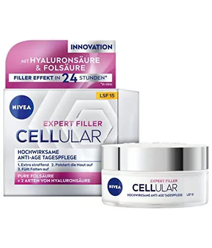 NIVEA Cellular Expert Filler Tagespflege 50 ml - Hochwirksame Tagescreme mit Hyaluron für straffere Haut. Unterstützt die Feuchtigkeitspflege und schützt mit LSF 15 vor UV-Strahlen. Ideal für alle Hauttypen.