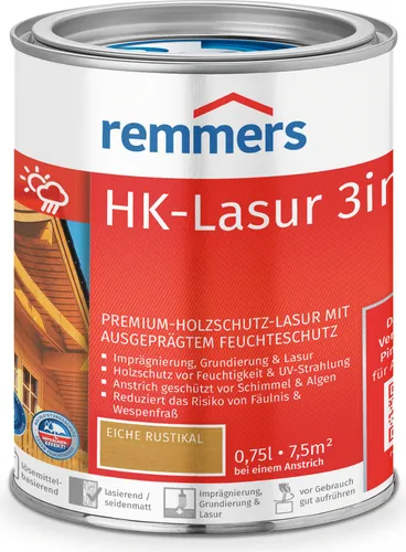 Remmers HK Lasur 3in1 0,75L eiche rustikal - Lasur für Holzschutz, 3in1 Funktion für optimalen Schutz und Pflege, ideal für den Außenbereich in edlem eiche rustikal.