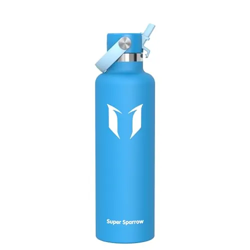Super Sparrow Edelstahl Trinkflasche Kinder - 18/10 Ultraleicht Thermobecher - 1L - Standardmund Stroh-Deckel - BPA-Frei Thermoskanne, Thermosflasche für Sport, Travel, Schule, Outdoor, Büro
