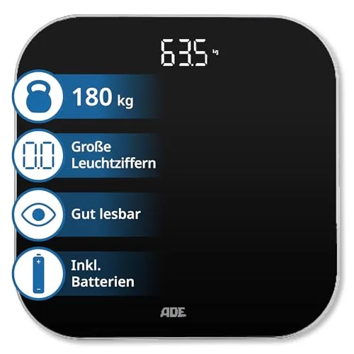 ADE Digitale Personenwaage mit LED-Anzeige - Digitale Personenwaage bis 180 kg mit innovativem Magic Display, das nur bei Gebrauch erscheint. Präzise Messungen in 100 g Schritten für ein stilvolles und sicheres Badezimmer.