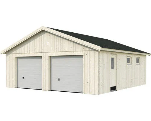Elementgarage Andre 44,7 m² mit Sektionaltor - Moderne Elementgarage aus unbehandelter nordischer Fichte, ideal zur Selbstmontage. Mit einer großzügigen Nutzfläche von 44,7 m² und einem stylishen Sektionaltor.