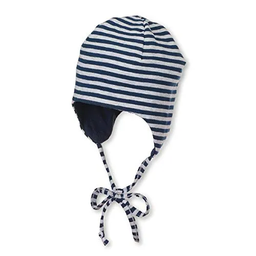 Sterntaler OCS Wendemütze Baby mit Bindeband & Ohrenklappen, Bio-Baumwolle, gefüttert, Unisex, Größe 39, marine, Melange-Ringel, Wendemütze aus GOTS-zertifiziertem Jersey