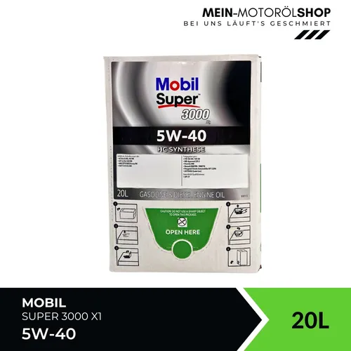 Mobil Super 3000 X1 5W-40 - Hochleistungsmotoröl für VW, Renault & Mercedes - Motoröl, 20 Liter HC-Synthese, optimaler Schutz für verschiedene Fahrzeugmarken und hohe Viskosität (5W-40) für beste Leistung.