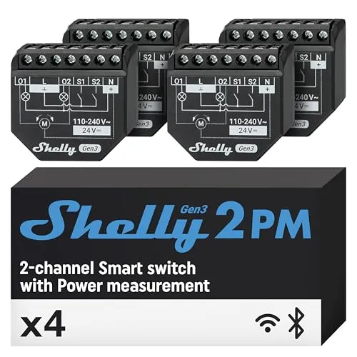 Shelly 2PM Gen3 Smart-Schalter mit zwei Kanälen - Schaltaktor für WLAN-gesteuerte Anwendungen, bietet Leistungsmessung und die Steuerung von zwei Stromkreisen oder Rollläden – ideal für modernes Smart Home.