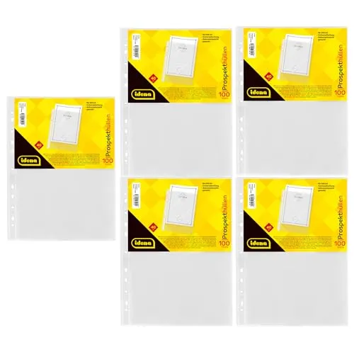 Idena 90371-500 Stück Klarsichthüllen A4 genarbt, Prospekthüllen aus Kunststoff 40µ, dokumentenecht, Klarsichtfolien mit Universallochung
