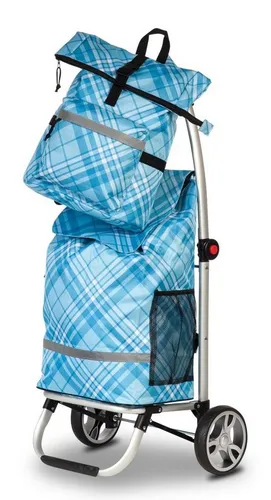 fabrizio® Einkaufstrolley "Helena Vera" - Alu-Shopper Set mit Rolltop - Einkaufstrolleys, praktisches Set aus Trolley und Rucksack, ideal für komfortables Einkaufen und Reisen, modernes Design in Karo blau/weiß.