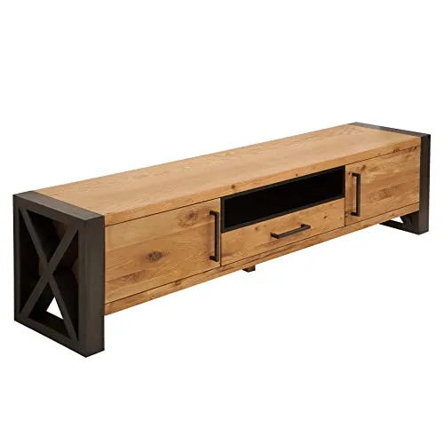 Riess-Ambiente TV-Board THOR 200cm natur/antrazit - Sideboard aus Massivholz Eiche mit Metallfüßen, bietet 3 geschlossene Fächer und 1 Schublade für optimalen Stauraum und individuelles Design im Industrial-Stil.