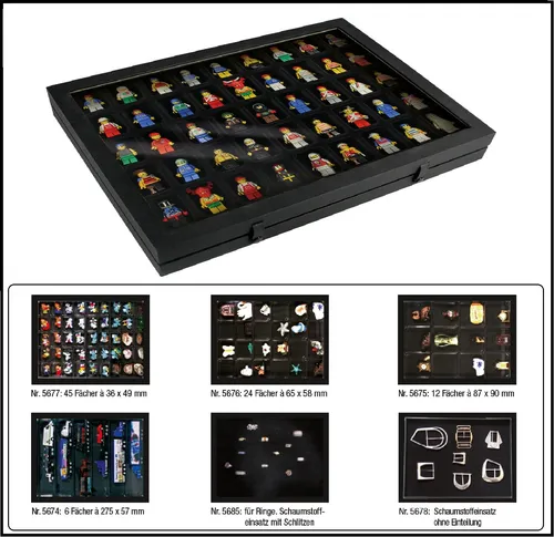 SAFE5677 Vitrine Black Edition für Fossile Mineralien - 45 Fächer - Elegante Vitrine aus Echt-Glas mit 45 Fächern für die stilvolle Präsentation Ihrer Mineralien. Ideal zum Schutz und zur ansprechenden Aufbewahrung Ihrer Sammlerstücke.
