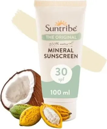Suntribe Sonnencreme LSF 30 - 100 ml - Biologische Sonnencreme mit nanofreiem Zinkoxid, bietet sicheren Schutz vor UVA- und UVB-Strahlen. Verpackt in einer umweltfreundlichen Zuckerrohrtube, ideal für empfindliche Haut und korallenfreundlich.